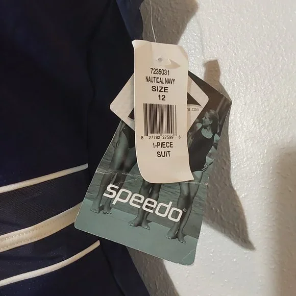 NWT Speedo One-Piece Swimsuit w Sheer Mesh Waist Insert Navy Blue - 12 - Picture 6 of 6